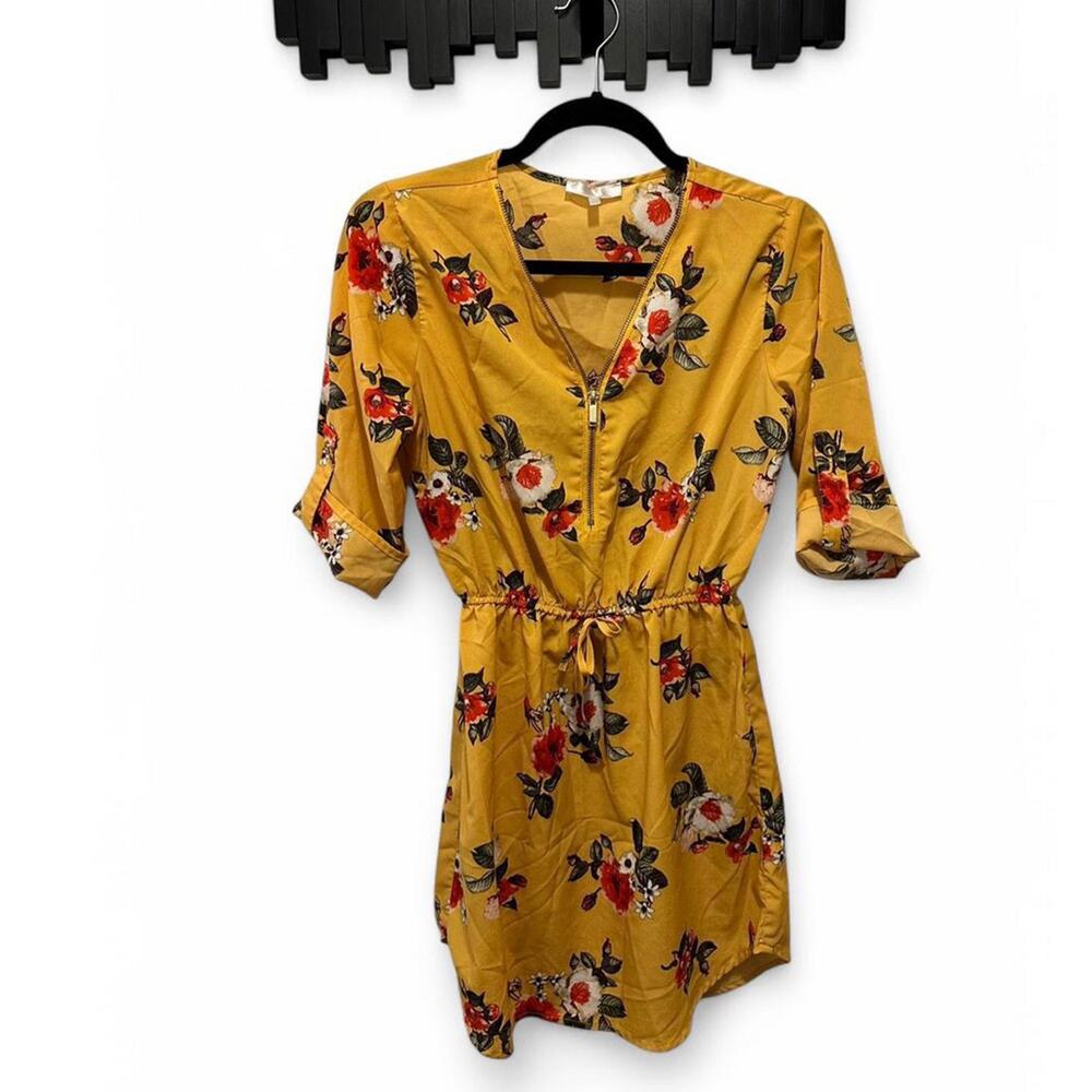Stella tweed floral v-neck dress women small mustard yellow boho indie cottage